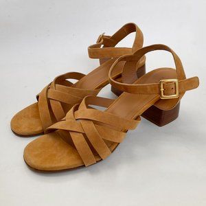 Rivecour Suede Sandals Brown Tan Leather $222 NEW Cross Stack Heel Block Ankle